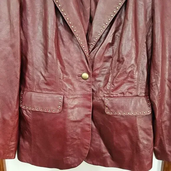VTG 90s Preston & York Soft Leather Lambskin Maroon Studded Jacket Size Large - Picture 4 of 7